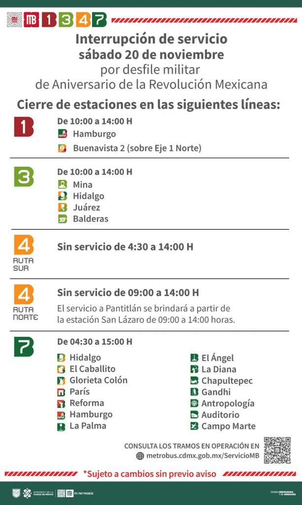 Metrobús informa horarios y rutas de servicio para el 20 de noviembre