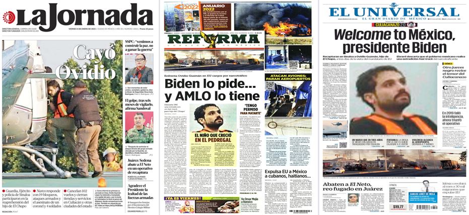 Reforma y El Universal se pierden en su línea opositora al informar de captura de Ovidio Guzmán; La Jornada destaca
